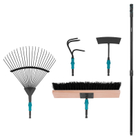 Jeu d'outils de jardinage 4-en-1, système V-Fix | râteau à feuilles, balai, binette et cultivateur incl.