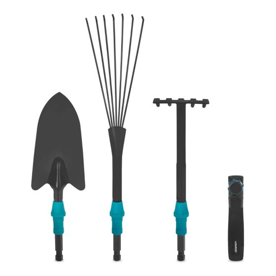 Jeu d'outils de jardinage 3-en-1, système V-Fix | râteau à feuilles, pelle  et griffe incl.