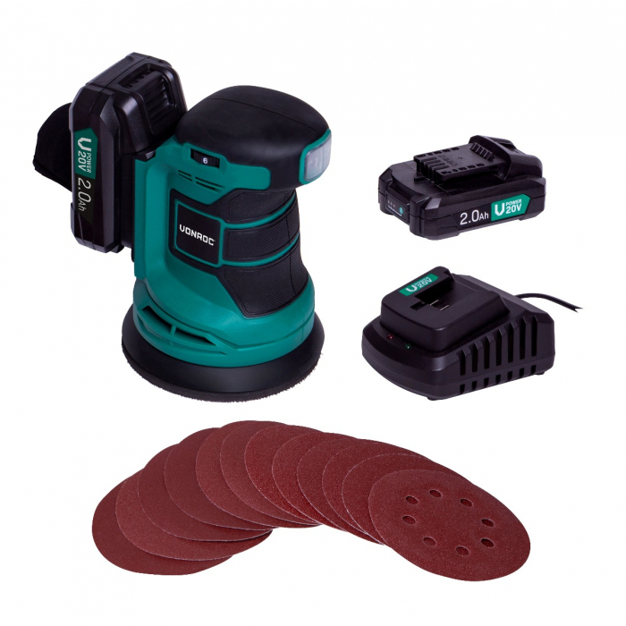 Ponceuse orbitale excentrique sans fil 20V - Ø125mm | 2 Batteries 2.0 Ah et chargeur incl. main product photo